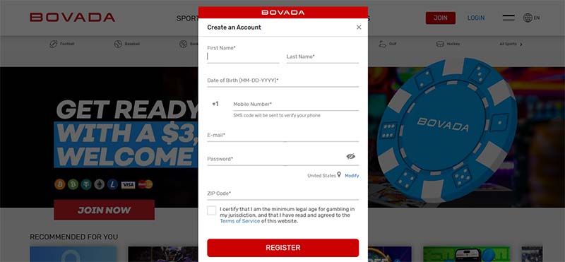 Bovada Sportsbook Sign-Up Page